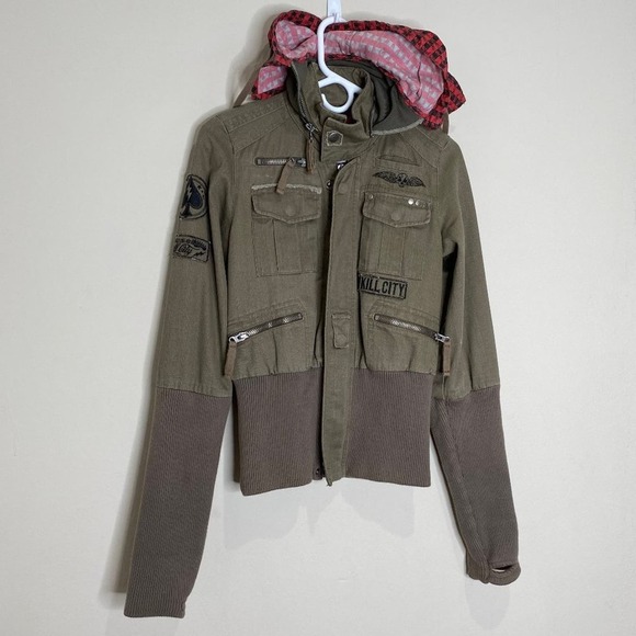 Kill City Jackets & Blazers - Kill City / Lip Service Y2K Scrunch Sleeve Thumbhole Army Green Patch Jacket